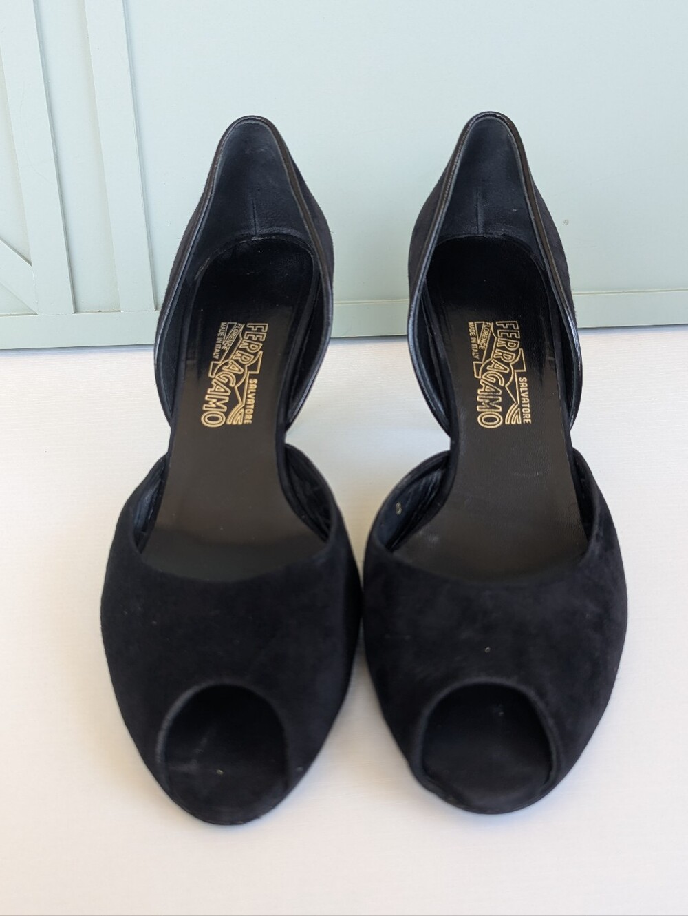 Salvatore Ferragamo Black Suede Peep-Toe Kitten Heels - Picture 5 of 12